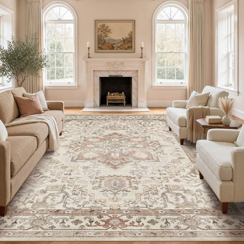 Vintage Washable Area Rug 8x10 Beige Medallion Pattern Living Room Carpet - Durable & Non-Slip