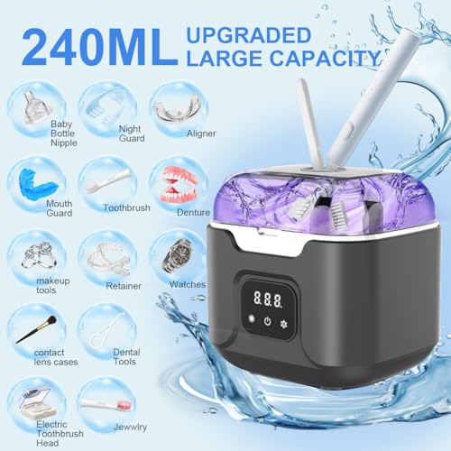 Ultrasonic Retainer Cleaner Machine Black 48kHz with UV & 4 Modes for Dentures, Mouth Guards & Jewelry