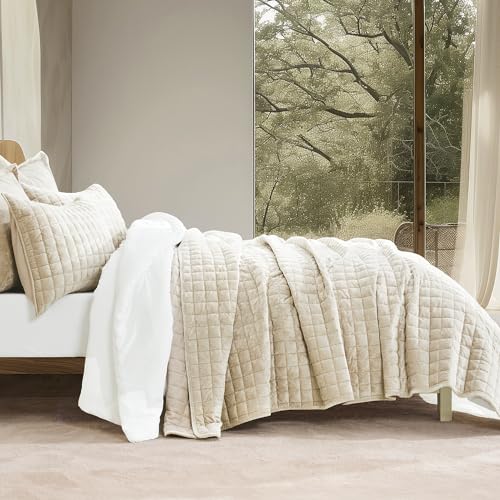RECYCO King Size Velvet Quilt Set Beige 108" x 96" Channel Box Stitch Luxury Bedding
