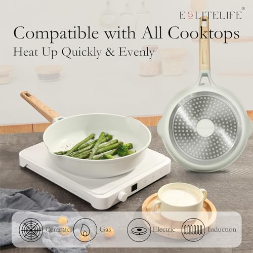 Ceramic Nonstick Skillet Set with Lids - 7 Pieces, Cream White, 8-11 Inch