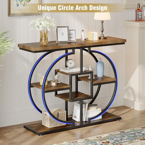 GiftGo Narrow Console Table for Entryway Brown 4-Tier Rustic Sofa Behind Couch