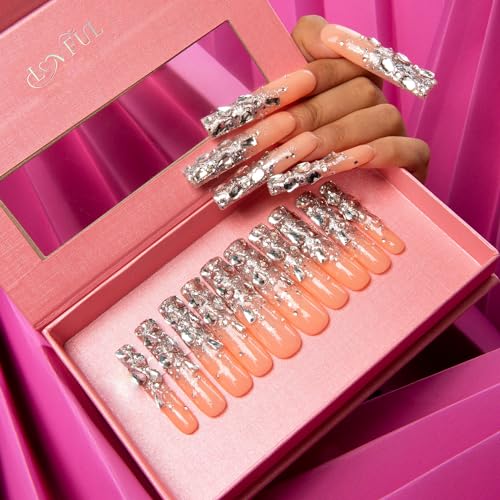 LOVFUL Stunning Bling Nails,Crystal Detailed Diamonds Press On Nails | Custom Shape | Glitter Rhinestone Nails | Gradient Pink Fake Nails| Square Long 2.2 in | H126 (S)