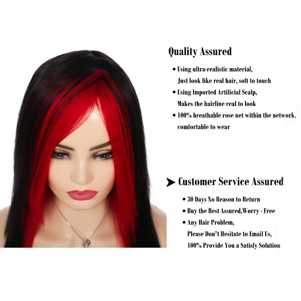 Silky Straight Long Red Black Wig with Side Bangs - Heat Resistant Synthetic Hair for Halloween