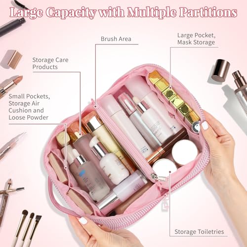 Travel Makeup Bag for Women, 2Pcs Portable Personalized Initial Makeup Organizer Bag, Open Flat Large Cosmetic Bag With Travel Essential Pouch (Pink Letter L)
