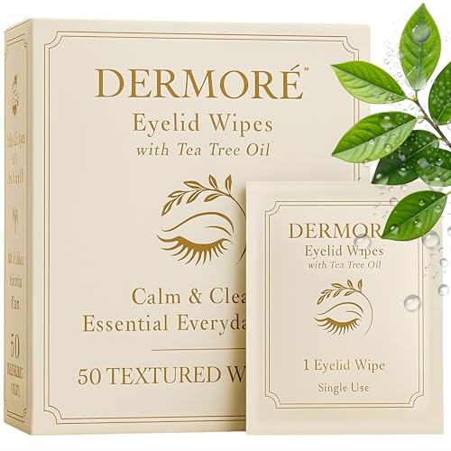 DERMORE Eyelid Cleansing Wipes with Tea Tree, Chamomile & Aloe; Daily Relief & Gentle Hygiene for Dry, Itchy Skin; Preservative-Free, Individually Wrapped for Convenient, Refreshing Skin Care - 50 Pcs