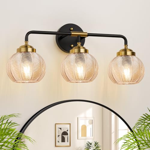 MOKATNG Bathroom Light Fixtures 3-Light Amber Leaf Texture Glass Vanity Wall Lamp