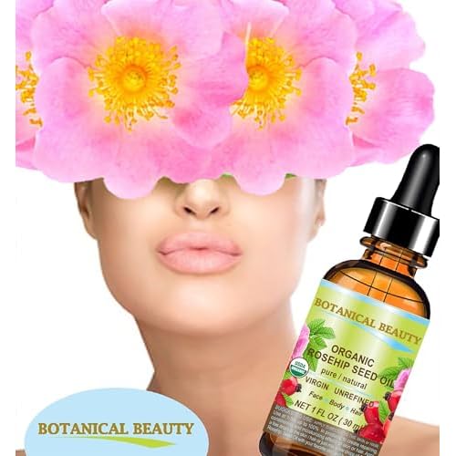 Botanical Beauty Organic ROSEHIP SEED OIL 100% Pure Natural Virgin Unrefined Cold-pressed Carrier Oil For Face, Skin, Body, Hair, Lip, Nails, Rich in vitamin C, Vitamin E, Anti-Aging (0.5 Fl Oz)