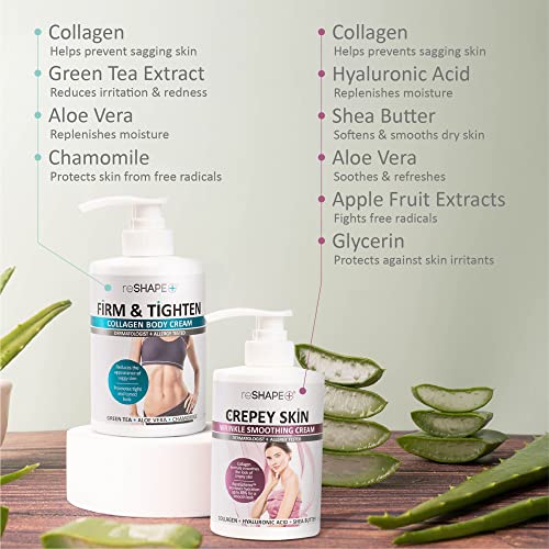 Reshape Collagen Body Cream + Crepey Skin Treatment Lotion Set - Firm & Tighten, Hydrate & Reduce Wrinkles, 15 Fl Oz Pack of 2