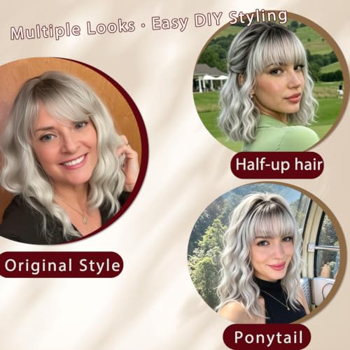 MINLEE Silver Gray Wigs for Women Short Bob with Bangs 14 Inch Curly Synthetic Hair Variation: Silver Gray