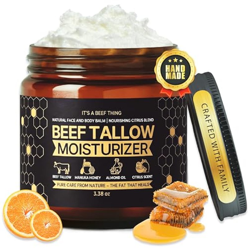 Beef Tallow for Skin ? Face & Body Balm to Strengthen Skin Barrier, Hydrating & Soothing with Grass-Fed Beef Tallow, Manuka Honey, Almond Oil & Light Citrus Scent (3.38oz)