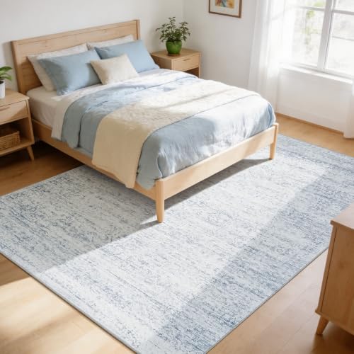 Blue Washable Area Rug 8x10 ft Non-Slip TPE Backing for Living Room