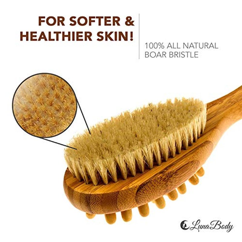 Bamboo Body Brush for Back Scrub - Natural Boar Bristle Shower Brush Scrubber with Long Handle - Exfoliate Skin and Cellulite - Wet or Dry