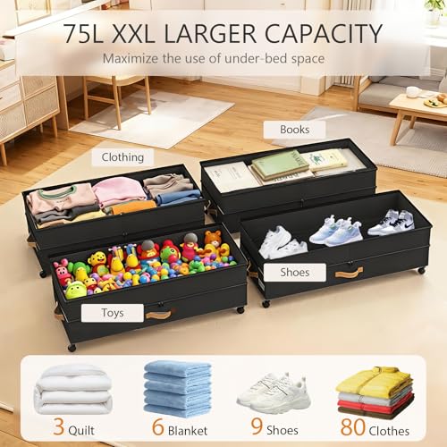 Under Bed Storage Container with Wheels 75L XXL 4-Pack Black - Adjustable & Durable