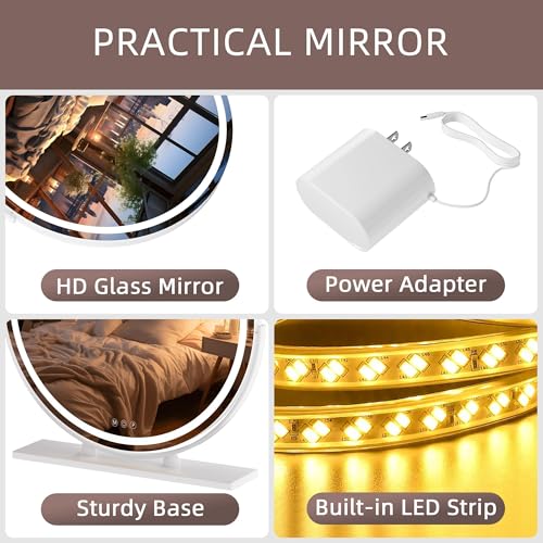 Hasipu 23.6-Inch LED Lighted Makeup Mirror with Touch Control, 3 Colors Dimmable, Round 360° Rotation, White Frame