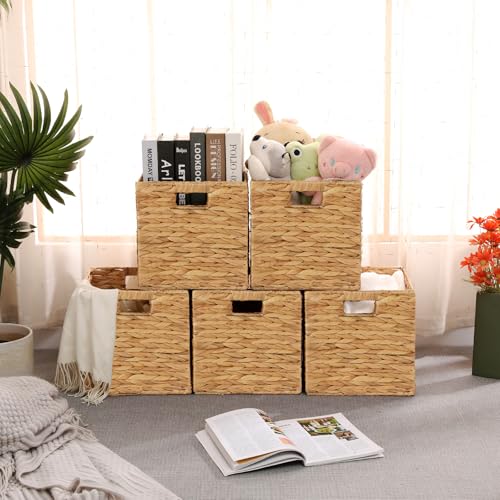 11x11in Water Hyacinth Wicker Storage Baskets Set of 5 Collapsible Organizers