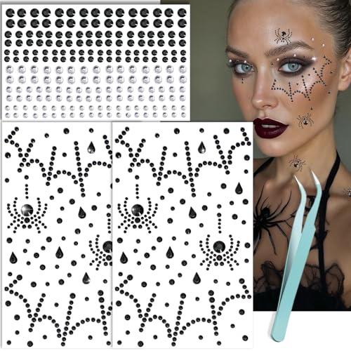 NOOEPC 3D Spider Web Face Gems, Halloween Makeup Face Jewels for Women, Hair Gems Clear Face Rhinestones, Halloween Makeup for Women Face Stickers Spider Costume