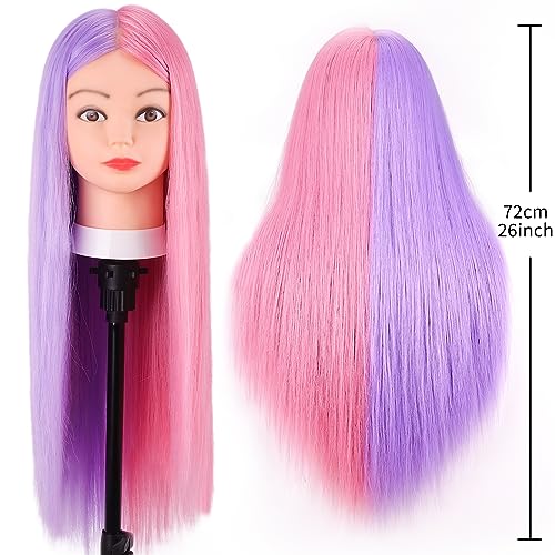 Colorful 26-Inch Mannequin Head with 70% Real Human Hair for Hair Styling Practice - Purple & Pink