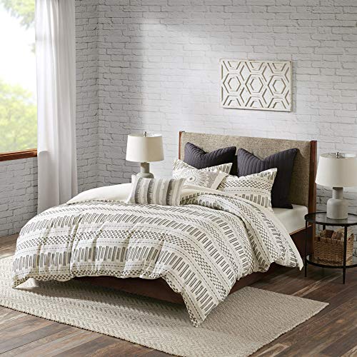 King Comforter Set with Matching Shams - Rhea Cotton Jacquard Geometric Design - Ivory & Charcoal - Comforter and Sham Set - All Season Cozy Bedding