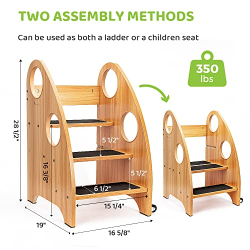 Wooden Toddler Step Stool with Non-Slip Steps & Safety Handles - Supports 350 lbs