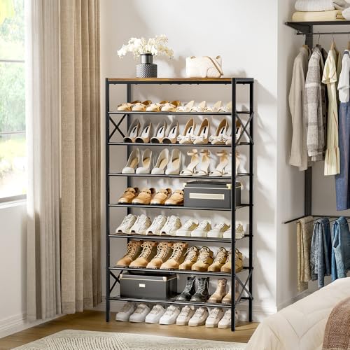 Rustic Brown 8-Tier Metal Shoe Rack with Wooden Top, Holds 24-32 Pairs