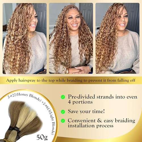 Syrenlore 14 Inch Deep Wave Bulk Human Hair for Boho Braids - Multi Blonde Highlights, 50g