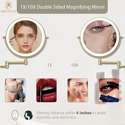 MIROAMZ Brushed Gold 8-Inch Wall Mounted Lighted Makeup Mirror 1X/10X