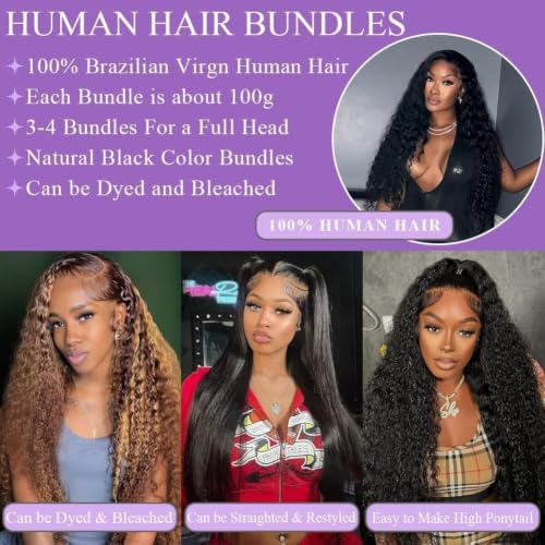 Deep Wave Human Hair Bundles 22 Inch Natural Black Curly Hair Extensions - Silky Soft & Tangle-Free
