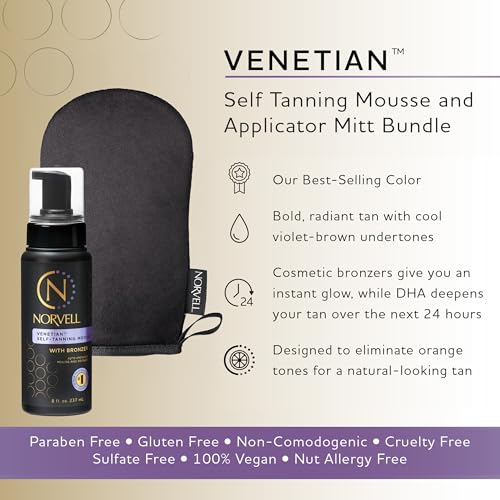 Norvell Venetian Self Tanning Set ? 8 Fl Oz Mousse with Bronzer and Reusable Applicator Mitt for Natural-Looking, Streak-Free Tan