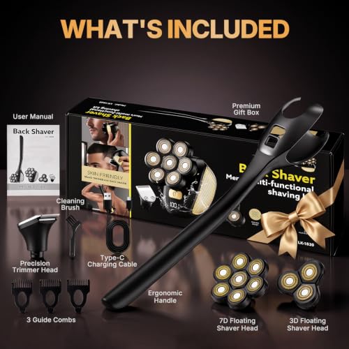 7D Back Shaver for Men 3-in-1 Body Groomer with Long Handle, IPX6 Waterproof