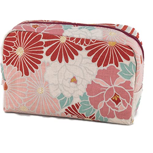 NOREN Retro Flower Red Makeup Bag Made in Japan, Cosmetic & Travel Pouch for Women & Girls