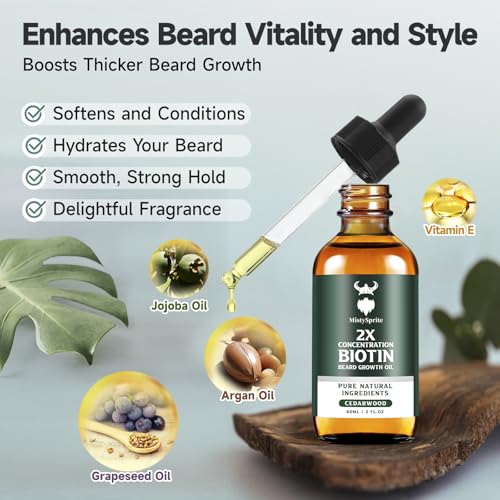 Beard Growth Oil with Cedarwood - 2X Concentration Biotin Beard Oil for Men (2 oz) - Natural Moisturizer & Softener