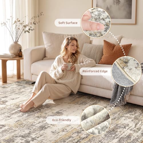 8x10 Rectangular Washable Abstract Area Rug - Gold Brown Living Room Decor