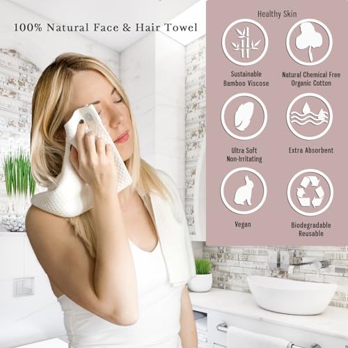 Organic Cotton Bamboo Viscose Face Towel Luxury Care for Sensitive Skin & Natural Hair Drying Made in USA Ultra Soft Absorbent Eco Travel 15 X 35