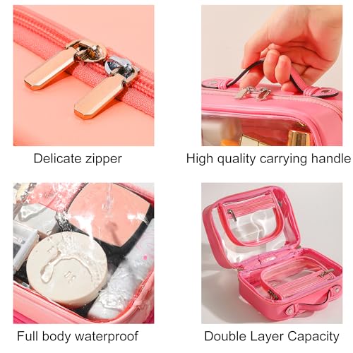 Veki Rose Red Large TSA Approved Clear Makeup Bag with Double Layer, 180° Opening