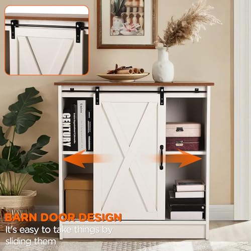 White Farmhouse Coffee Bar Cabinet with Sliding Barn Door Storage