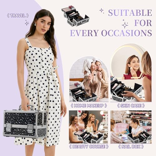 Leeora&Leekoo Makeup Train Case Cosmetic Box Portable Makeup Case Organizer 2 Trays Makeup Storage with Mirror for Cosmetologist Aesthetic Supplies Nail Tech Traveling Makeup Box (Flashing Star)