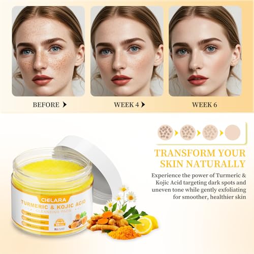 Turmeric Kojic Acid Cleansing Pads for Dark Spots, Lemon Turmeric Pads with Vitamin C & E, Deep Clean Pores, Hydrate & Plump Skin Exfoliating with Kojic Acid 50 Count