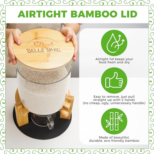 Glass and Bamboo Rice Dispenser 10 lbs with Airtight Seal & Labels
