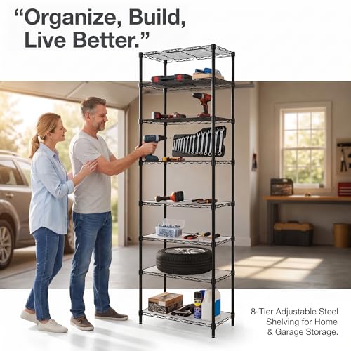 Finnhomy 8-Tier Adjustable Steel Wire Shelving Unit 72 Inch Black Storage Rack
