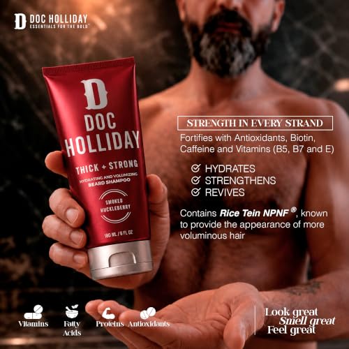 DOC HOLLIDAY Thick + Soft Beard Shampoo & Conditioner Set with Smoked Huckleberry Scent, 12 oz