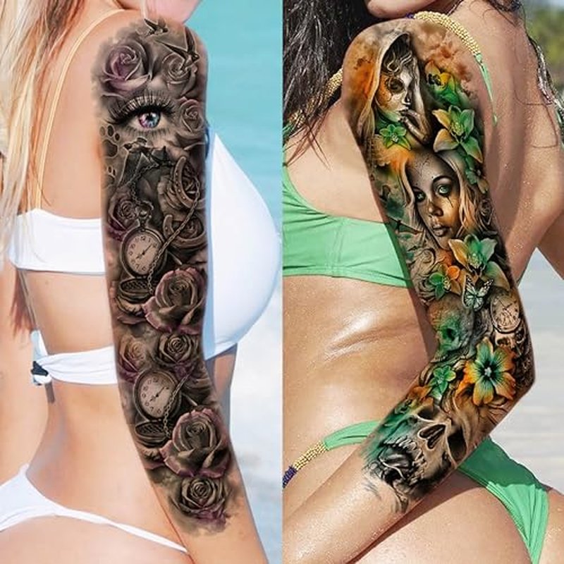 18 Sheets Large Full Arm Temporary Tattoos For Adults, 8 Sheets Peocock Lion Wolf Tiger Compass Flower Fake Sleeve Tattoos For Women Thigh, 10 Sheets Watercolor Rose Half Arm Tatoos Stickers
