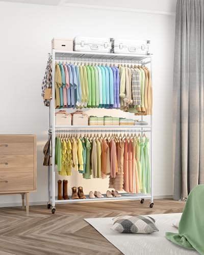 X-Large White Clothes Rack with Shelves & Wheels - Heavy Duty Garment Organizer