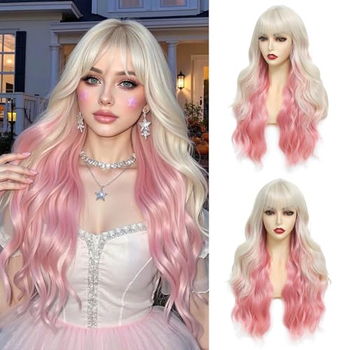 Angzon Blonde Pink Wavy Wig with Bangs, 26 Inch, Heat-Resistant Synthetic Fiber
