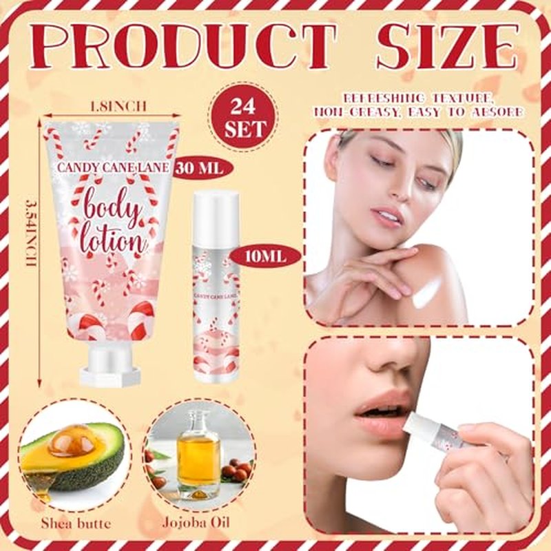 24 Set Christmas Candy Peppermint Cane Lip Balm and Body Lotion Bulk Christmas Hand Cream for Women Peppermint Lip Balm for Women Men Travel Size Body Lotion Gift