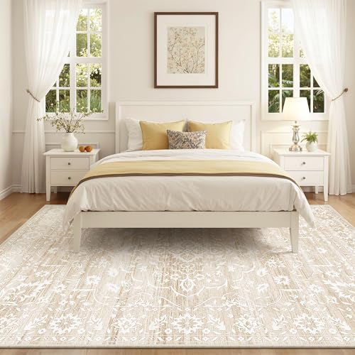 Soalmost 8x10 Beige Area Rug - Washable Geometric Pattern, Non-Slip, Soft Living Room Rug