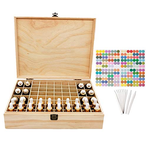 Wooden Essential Oil Storage Box with 68 Slots, Cap Labels & Carry Handle