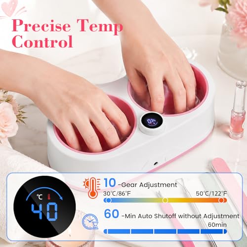 Electric Dual Nail Soaking Bowl with 10 Temp Levels, Pink - Fast Removal