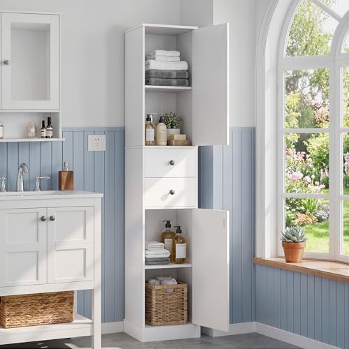 Tall Narrow Bathroom Storage Cabinet with 2 Doors & Drawers - White 11.8" W
