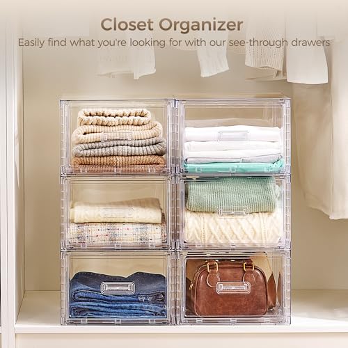 Stackable Closet Storage Drawers - Clear Plastic Organizer Bins, 15QT, Set of 8