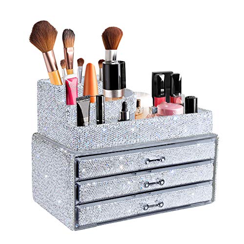 White Bling Diamond Makeup Organizer Drawer Set - 2 Pieces, Handcrafted Jewelry & Cosmetic Storage
